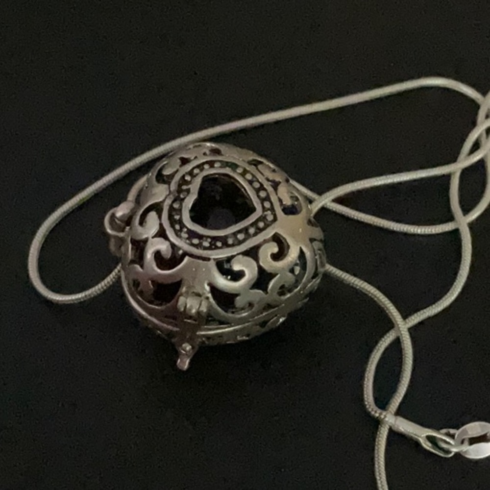 18” Sterling Black Heart Locket Bell Necklace Filigree Box Angel Caller